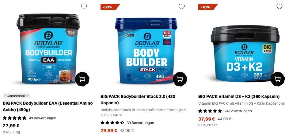 💪 Bodylab: 50% auf Big Packs (Zink, Kalzium, Magnesium..) z.B. Bodybuilder Stack für 19,90€ (statt 35€)