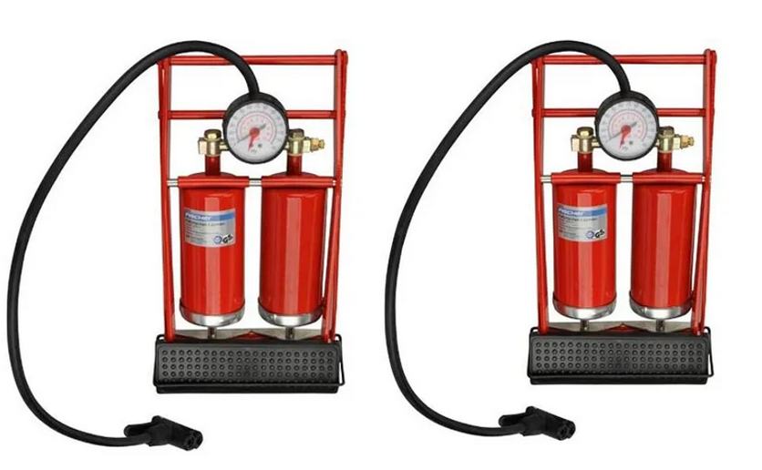 💨 2x Fischer 85582 Doppelzylinder Fußpumpe mit Manometer für 9,99€ (statt 28€)