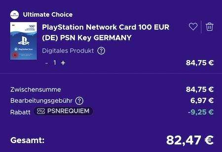🎮 100€ Playstation Network (PSN) Guthabenkarte für 82,47€