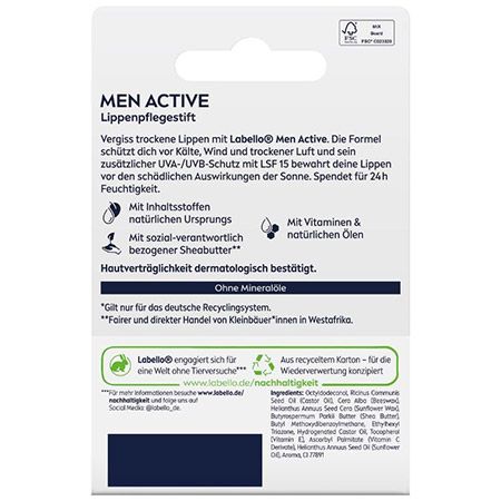 👄 4x Labello Men Active Lippenpflegestift mit LSF 15 ab 7,67€ (statt 14€)