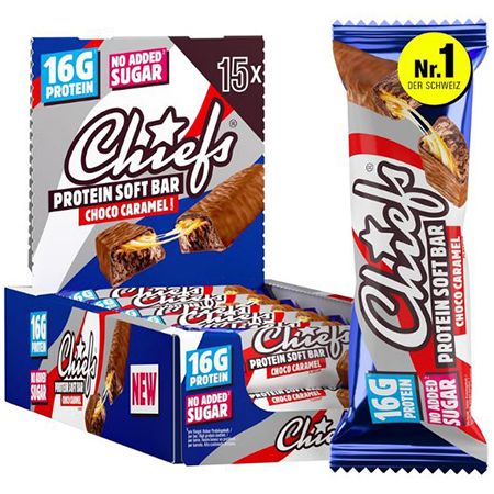 🍫 15er Pack Chiefs Schokolade Karamell Soft Protein Riegel ab 22,38€ (statt 32€)