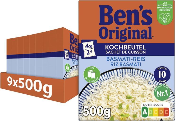 🍚 9er Pack Bens Original Basmati Kochbeutelreis, je 500g ab 24€ (statt 36€)
