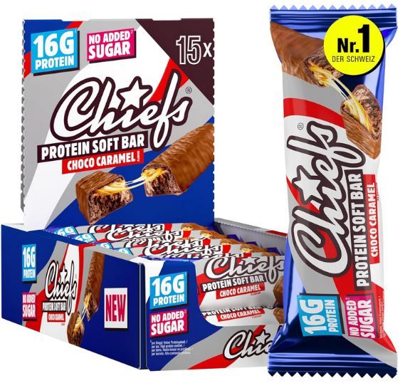 🍫 15er Pack Chiefs Schokolade Karamell Soft Protein Riegel ab 22,38€ (statt 32€)
