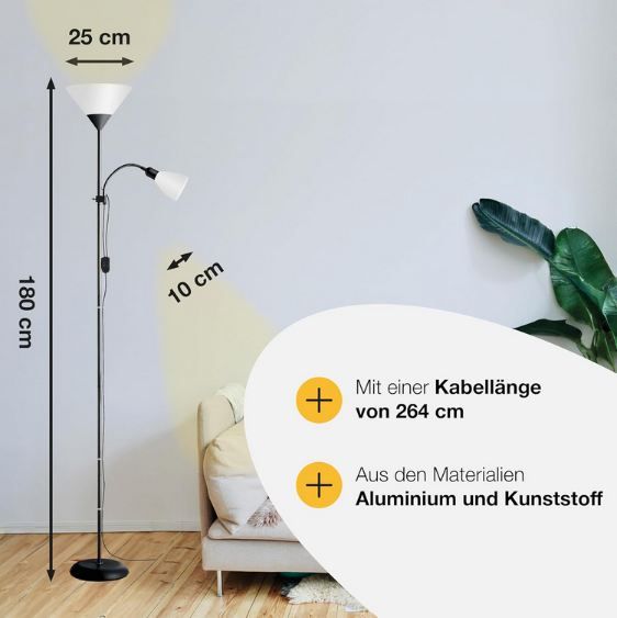 🛋️ Brilliant Spari Deckenfluter mit Leselampe, 1,8m für 22,38€ (statt 28€)