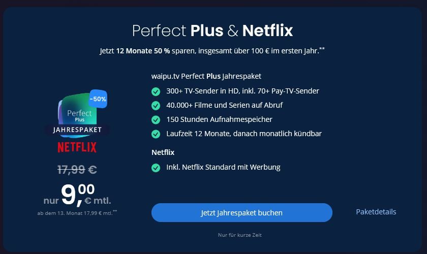 🔥 1 Jahr waipu.tv Perfect Plus + Stick & 6 Mon. Netflix GRATIS für 79,99€ (statt 240€)