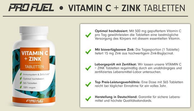 💊 365er Pack Pro Fuel Vitamin C + Zink Tabletten ab 10,36€ (statt 18€)