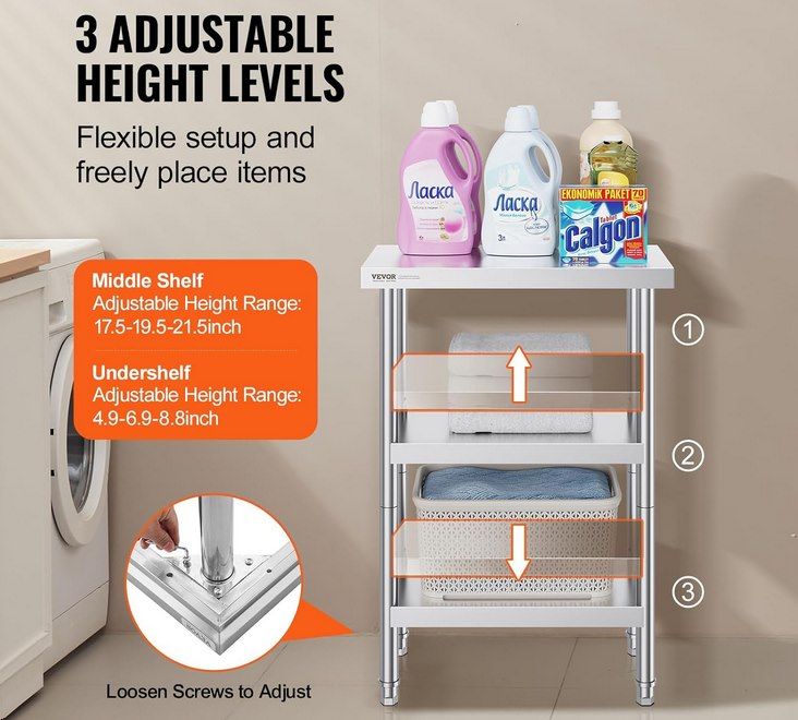 VEVOR Edelstahlarbeitstisch mit 2 verstellbaren Unterregalen für 52,99€ (statt 63€)