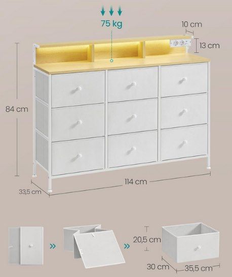 SONGMICS Kommode mit 9 Schubladen, LEDs & Steckdosen für 55,99€ (statt 70€)