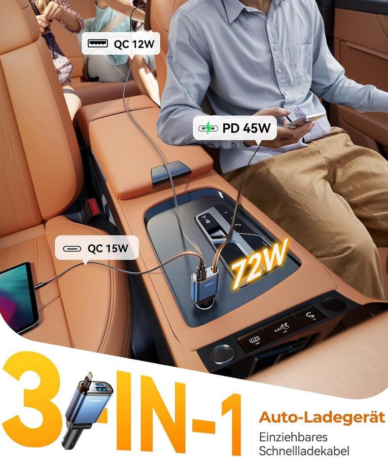 NO BRAINER! ⚡JOYROOM 72W Kfz Ladegerät mit integr. USB C Kabel für 4,99€ (statt 10€)