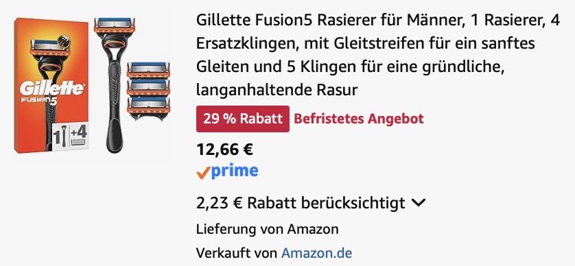🪒 Gillette Fusion5 Rasierer mit 4 Ersatzklingen für 12,66€ (statt 16€) 🪒 Gillette Fusion5 Rasierer mit 4 Ersatzklingen für 12,66€ (statt 16€)