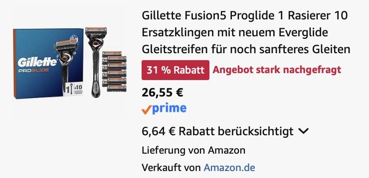 🪒 Gillette Fusion 5 Proglide + 10 Ersatzklingen ab 26,55€ (statt 48€)