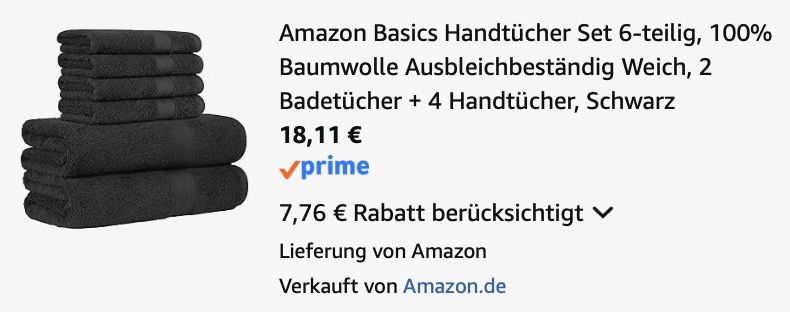 🩰 6er Pack Amazon Basics Handtuch Set aus Baumwolle für 18,11€ (statt 28€)
