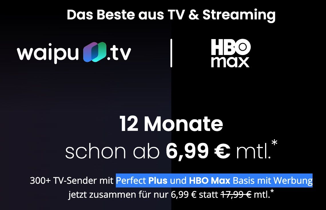 🔥 Knaller: 📽️ waipu.tv Perfect Plus + HBO Max Basis mit Werbung im Bundle 🧨 für 6,99€ (statt 18€) 🔥 Knaller: 📽️ waipu.tv Perfect Plus + HBO Max Basis mit Werbung im Bundle 🧨 für 6,99€ (statt 18€)