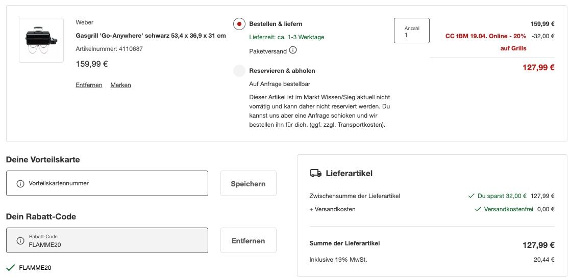 🥩 Weber Go Anywhere Gasgrill 42x26cm Grillfläche ➡️ für 127,99€ (statt 145€)