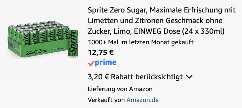 🍋 24x Sprite Zero Sugar, 0,33L Dose ab 12,75€ (statt 24€) 0,53/ Dose