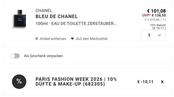 🌸💨 CHANEL Bleu de CHANEL Eau de Toilette 100ml ➡️ für 90,97€ (statt 117€)