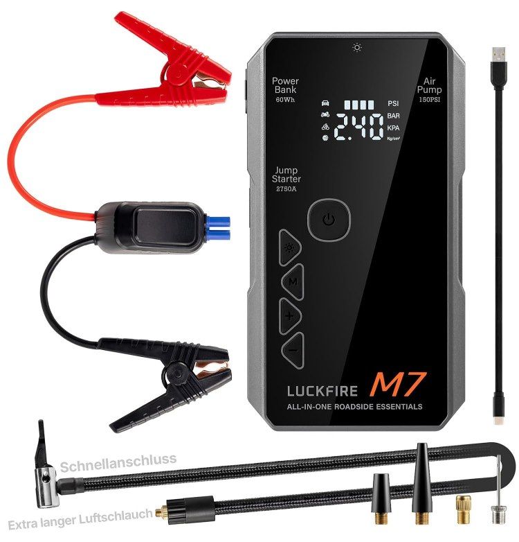 🔋 Luckfire M7 – Starthilfe, Powerbank & Kompressor mit 60Wh & 2.750 A für 84,49€ (statt 123€)