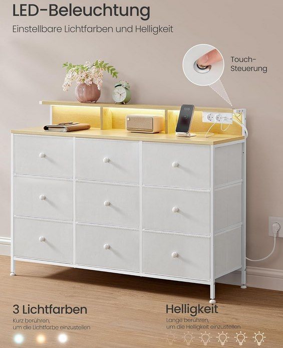 SONGMICS Kommode mit 9 Schubladen, LEDs & Steckdosen für 55,99€ (statt 70€)