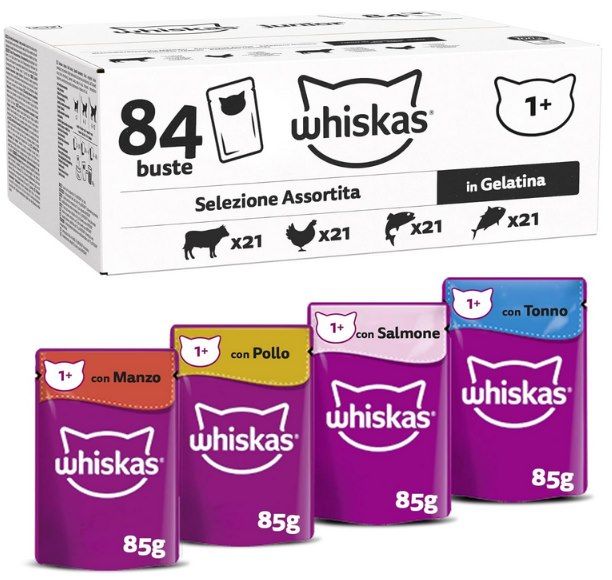 😻 84x85g Whiskas Gemischte Auswahl in Gelee Rind, Huhn, Lachs, Thunfisch ab 24€ (statt 30€)