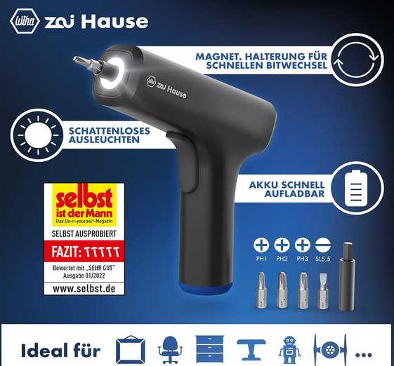⚒️🔩 Wiha Zai Hause DHT0002   4V USB Akkuschrauber Set mit Bits für 9,99€ (statt 33€)