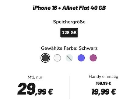 🍏📱 Apple iPhone 16 (128 GB) für 19,99€ + Vodafone Allnet 40GB 5G für 29,99€ mtl.