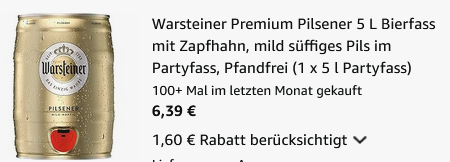 🍺 5 Liter Warsteiner Pils Fass ab 6,39€ 🔥 (statt 12€)