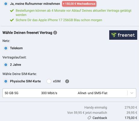 TOP! 📱Apple iPhone 17 für 279€ + Telekom Allnet 50GB für 39,95€ mtl. + 💰 325€ Bonus