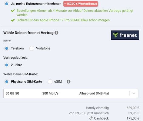 🍏 Apple iPhone 17 Pro für 619€ + Telekom Allnet 50GB für 39,95€ mtl ➡️ 325€ Bonus 🍏 Apple iPhone 17 Pro für 619€ + Telekom Allnet 50GB für 39,95€ mtl ➡️ 325€ Bonus