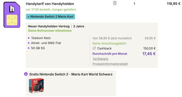 🍄🎮 Nintendo Switch 2 inkl. Mario Kart World für 123,90€ + Telekom 50GB für 29,95€ mtl. + 300€ Bonus 🍄🎮 Nintendo Switch 2 inkl. Mario Kart World für 123,90€ + Telekom 50GB für 29,95€ mtl. + 300€ Bonus