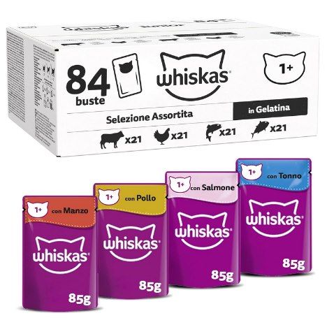 😻 84x85g Whiskas Gemischte Auswahl in Gelee Rind, Huhn, Lachs, Thunfisch ab 24€ (statt 30€)