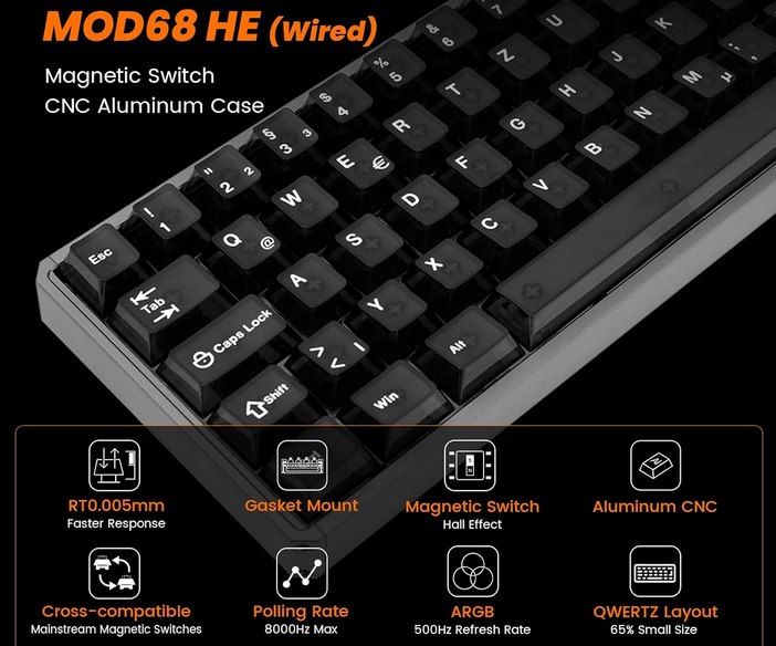 ⌨️ Akko MOD68 HE 8K Rapid Trigger Tastatur 65% Layout für 87,99€ (statt 100€)