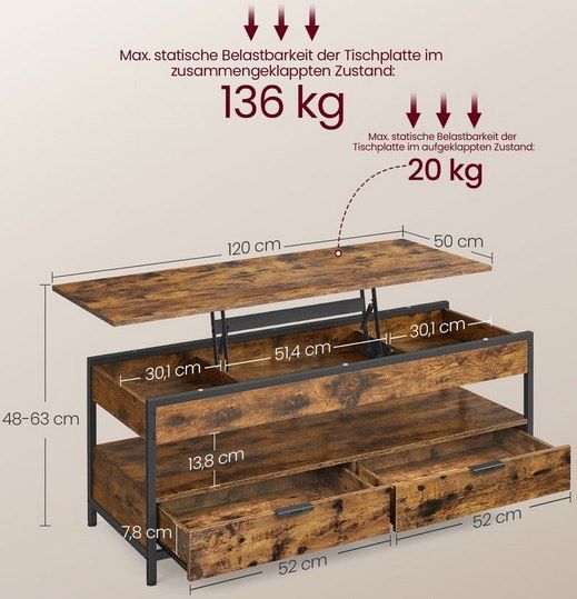 VASAGLE Höhenverstellbarer Couchtisch mit Schubladen für 69,99€ (statt 100€)