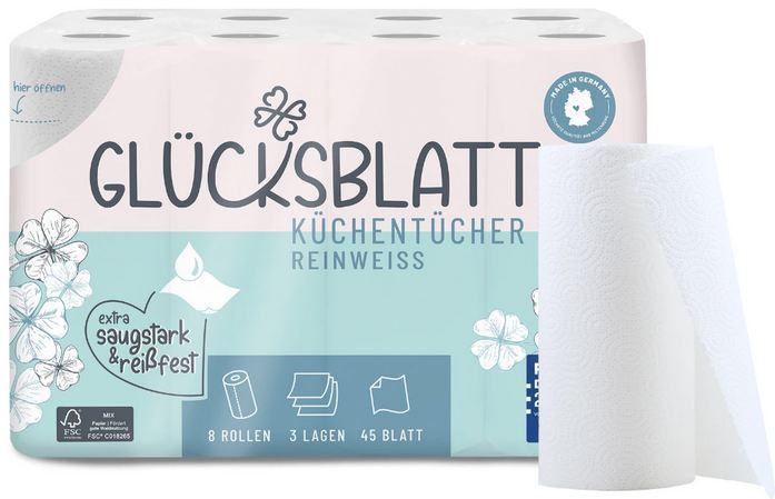 🧻 24 Rollen Glücksblatt Küchenrollen, 3 lagig, 45 Blatt ab 10,47€ (statt 20€)