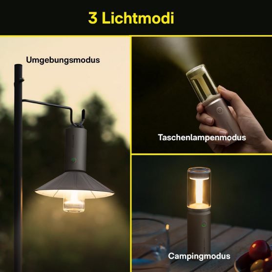 🏕️ HOTO Akku Campinglampe mit 3 Modi, 180lm, 3.100mAh für 21,99€ (statt 40€)