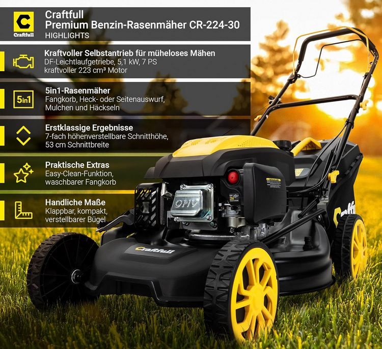 🏡 Craftfull CR 224 30 Benzinrasenmäher mit 7 PS & 53cm für 254,99€ (statt 300€)