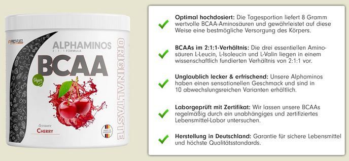 💪🏻 Pro Fuel Alphaminos BCAA Pulver Kirsche, 300g ab 15,60€ (statt 23€)