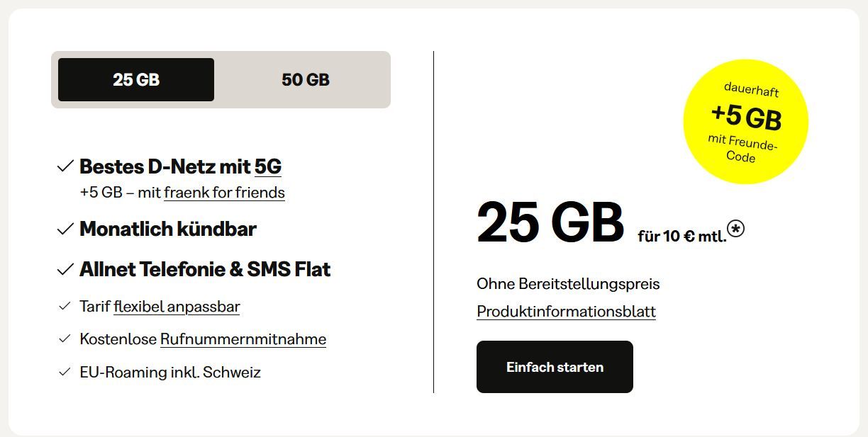 🔥 fraenk: Telekom 5G Allnet-Flat mit 25GB nur 10€ mtl. oder 50GB für 15€ mtl. 🔥 fraenk: Telekom 5G Allnet Flat mit 25GB nur 10€ mtl. oder 50GB für 15€ mtl.