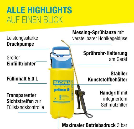 🌻 Gloria Prima 5 Drucksprühgerät mit Lanze, 5 Liter für 20,39€ (statt 25€)