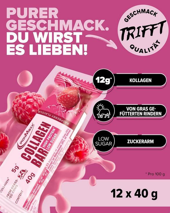 🍫 12er Pack IronMaxx Collagen Raspberry Protein Bar ab 18€ (statt 24€)