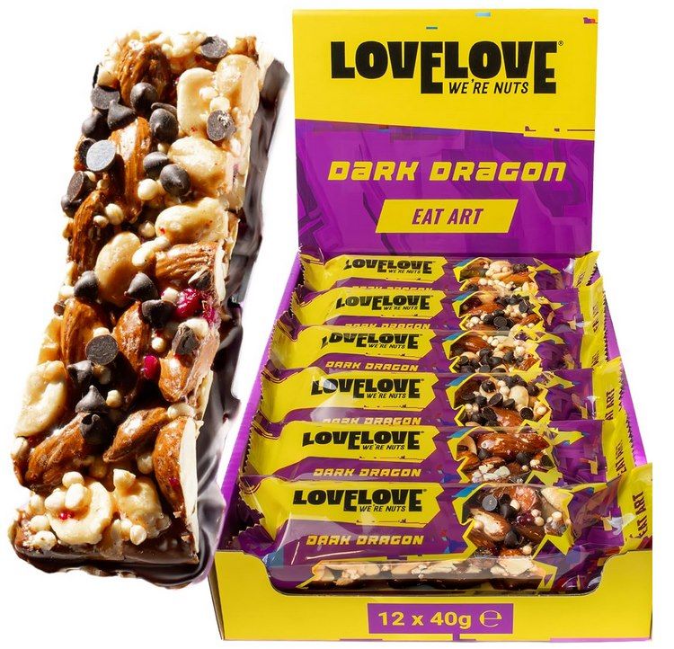 🥜 12x LOVELOVE Dark Dragon Nussriegel, Mandeln & Zartbitterschokolade (je 40g) für 11,20€ (statt 25€)