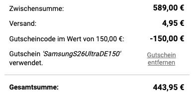 🧨 Samsung Galaxy S26 Ultra für 443,95€ mit Telekom Allnet Flat 30GB ➡️ für 19€ mtl. 🔥 mit Gewinn