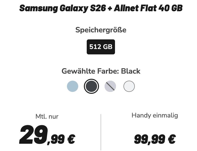 📱Galaxy S26 512GB für 99,99€ mit Vodafone Allnet 40GB ➡️ für 29,99€ mtl.   eff. nur 0,53€ mtl.