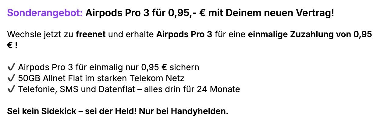 📱🍏 Apple AirPods Pro 3 mit Telekom Allnet 50GB für 24,95€ mtl. + 💰 300€ Bonus + Tankrabatt 📱🍏 Apple AirPods Pro 3 mit Telekom Allnet 50GB für 24,95€ mtl. + 💰 300€ Bonus + Tankrabatt