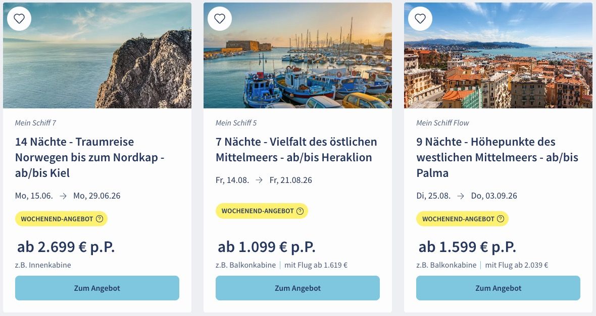 🚢 TUI Cruises Mein Schiff Wochenendangebote 🏝️ z.B. Vielfalt des Mittelmeers ab 1.099€ p.P.