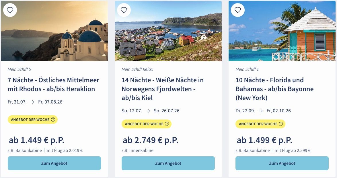 🚢 TUI Cruises Mein Schiff Wochenendangebote 🏝️ z.B. Vielfalt des Mittelmeers ab 1.099€ p.P.