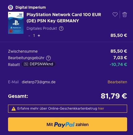 🎮 100€ Playstation Network (PSN) Guthabenkarte für 81,79€
