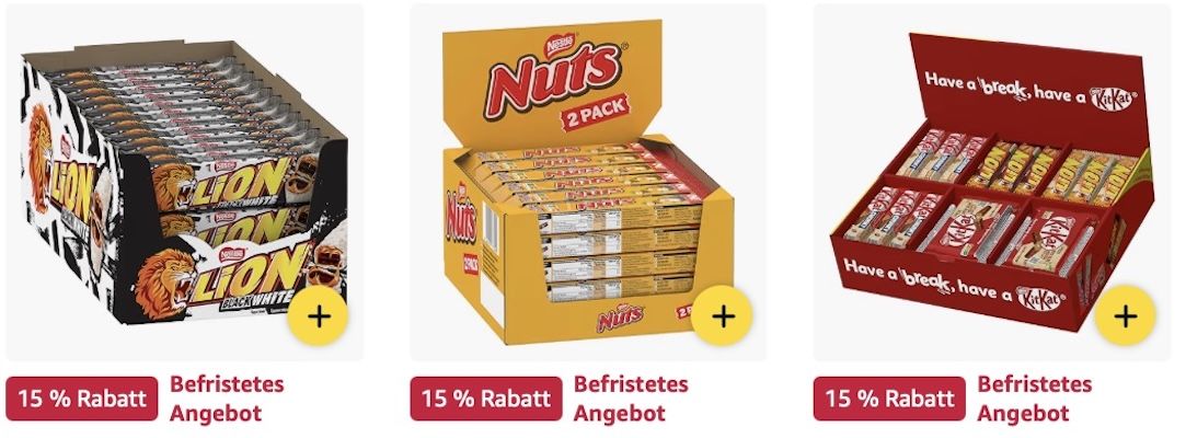 🤯🍫 Amazon: KitKat, Lion, Nuts, Milka & mehr 👉🏻 Schokoriegel im Sale z.B. NESQUIK Knusperwaffel für 15€ (statt 23€)
