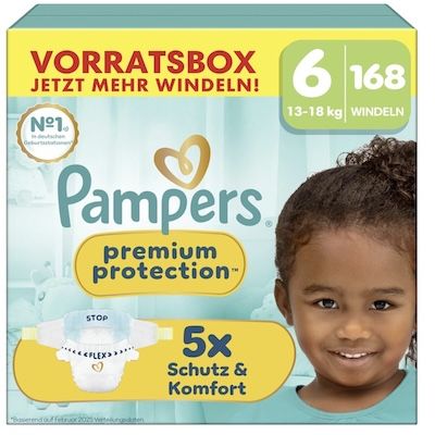 👨‍🍼 168x Pampers Premium Protection Windeln in Größe 6 (13kg-18kg) für 50,53€ (statt 67€)