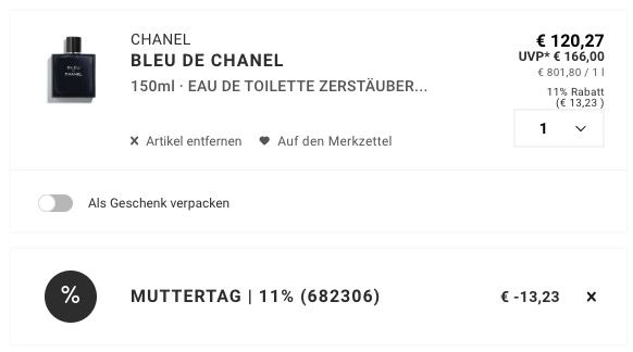🌸💨 Chanel Bleu de Chanel Eau de Toilette 150ml ➡️ für 107,04€ (statt 143€)