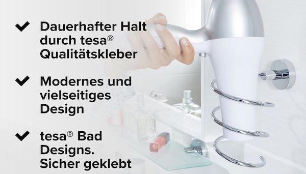 👩‍🦰 tesa SMOOZ Föhnhalter verchromt, ohne Bohren für 15€ (statt 33€)